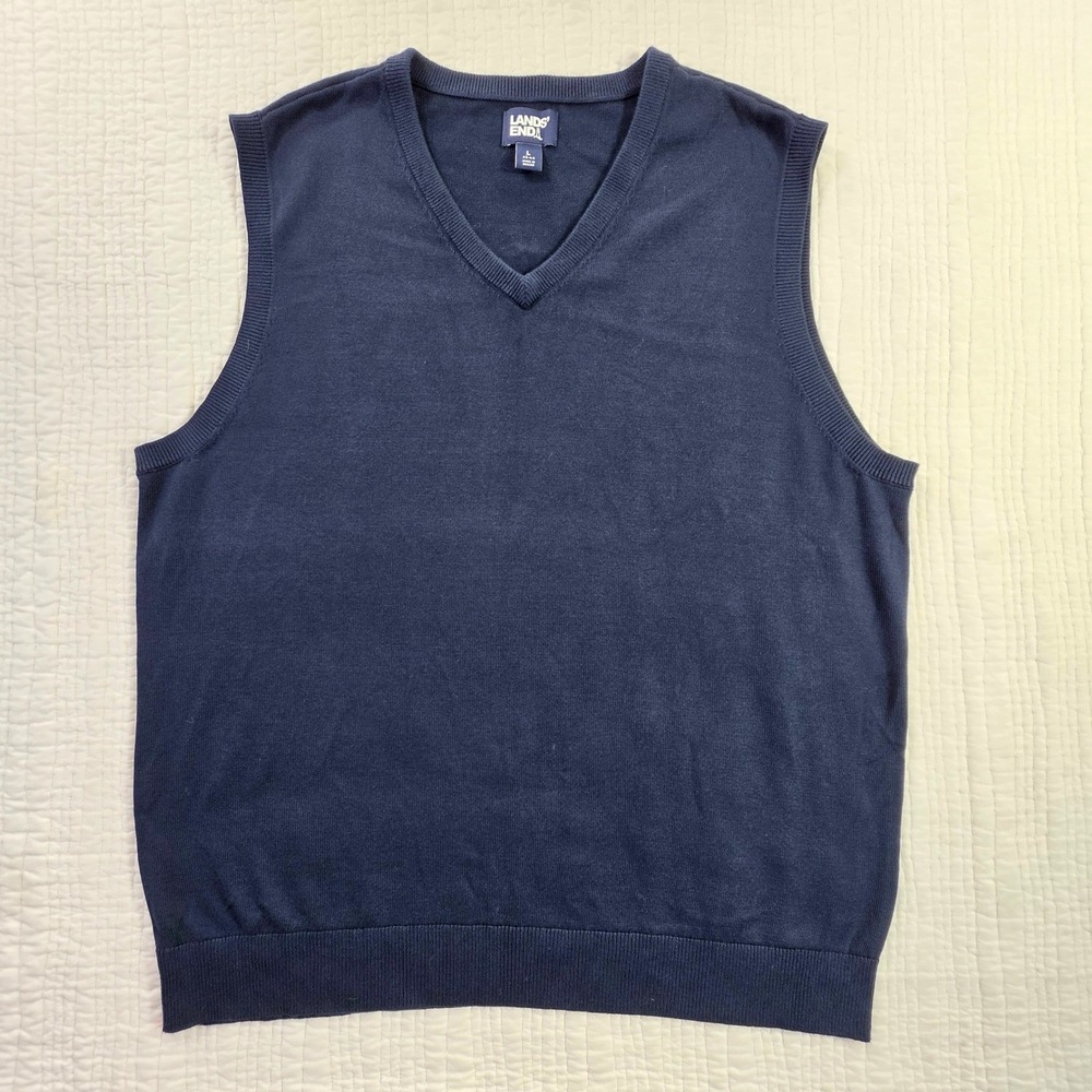 Lands End Mens Navy Blue Cotton Modal V-Neck Knit Sweater Vest EUC Size Large L